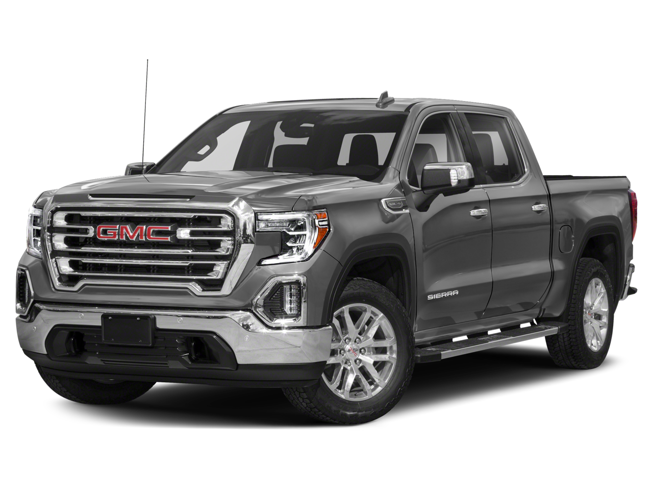 2019 GMC Sierra 1500 SLT in Satin Steel Metallic — front three-quarter view